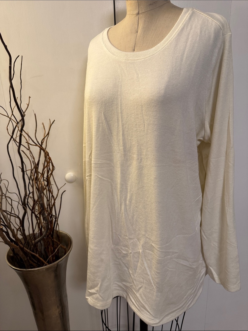 Susan Graver Cream Scoop Neck Long Sleeve Top
